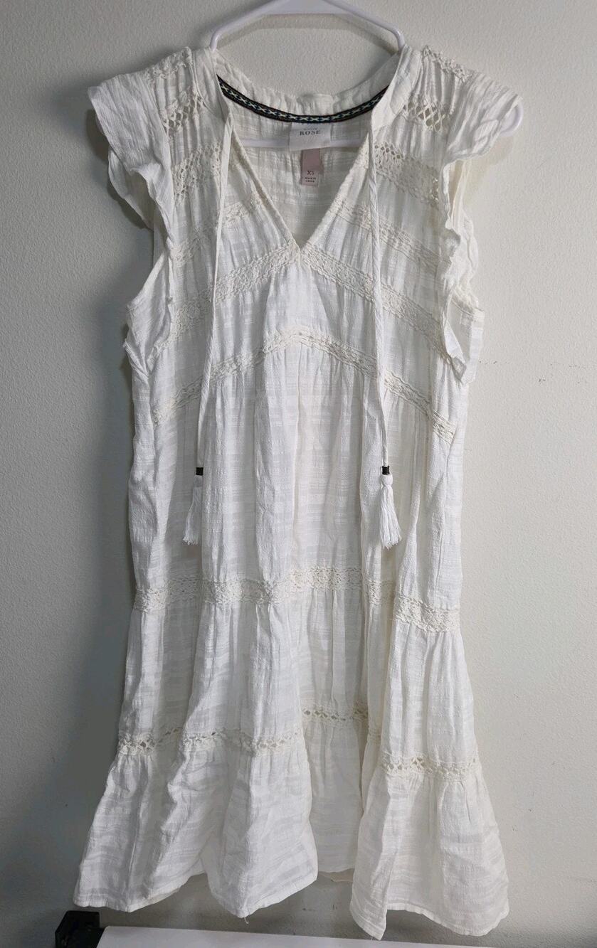 Knox Rose Women's White Tiered Lace Trim Boho Tassel Mini Dress Size XS